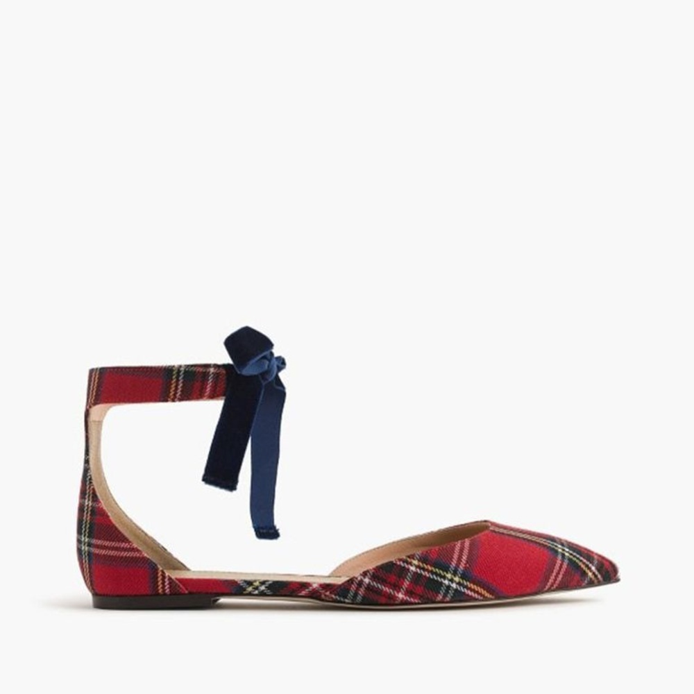 J. Crew D’orsay flats with velvet ankle tie in tartan